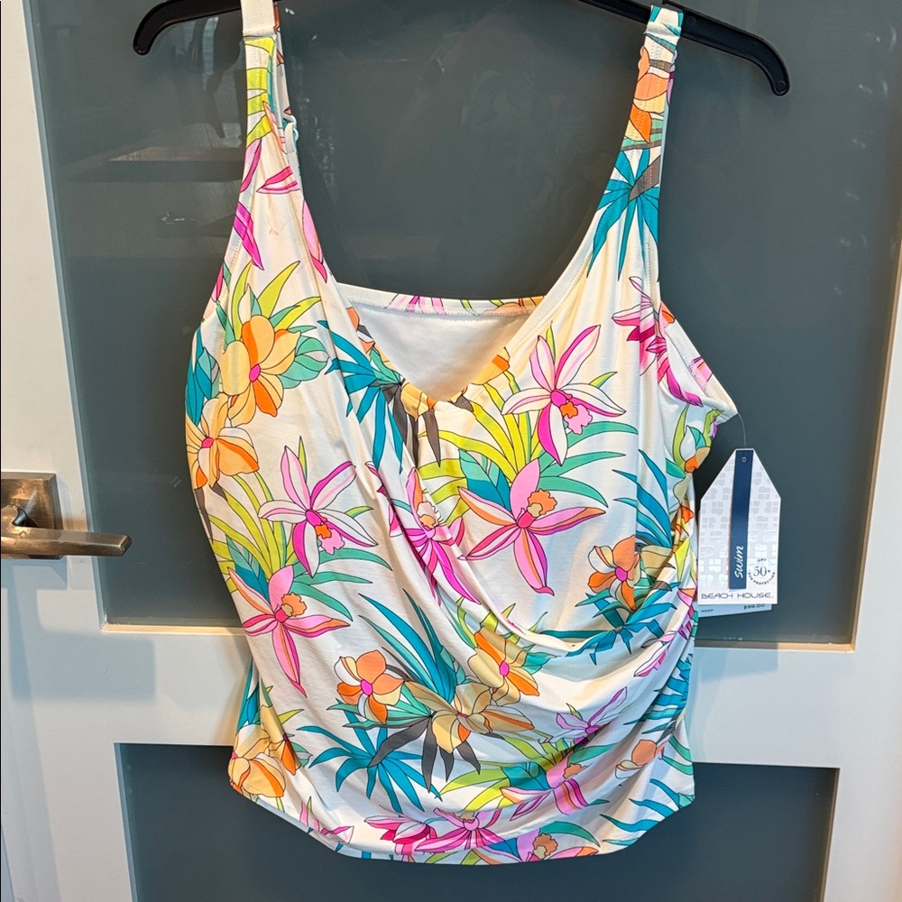 BEACH-HOUSE Floral V-Neck Tankini Top - White with Pink & Teal Floral  🏖️
